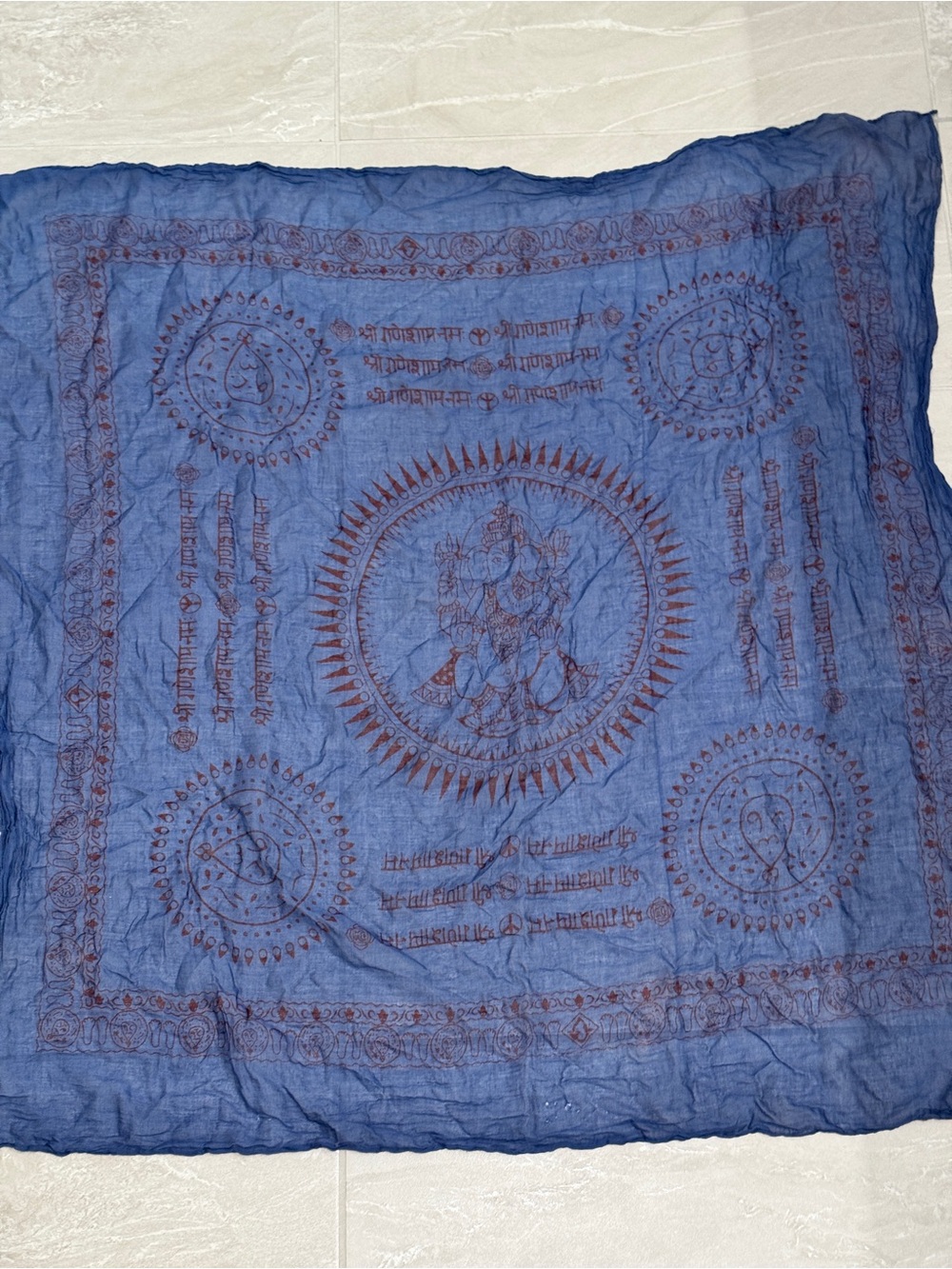 Blue Cotton Ganesha Prayer Shawl Block Print Om Mantra Scarf Boho Tapestry
